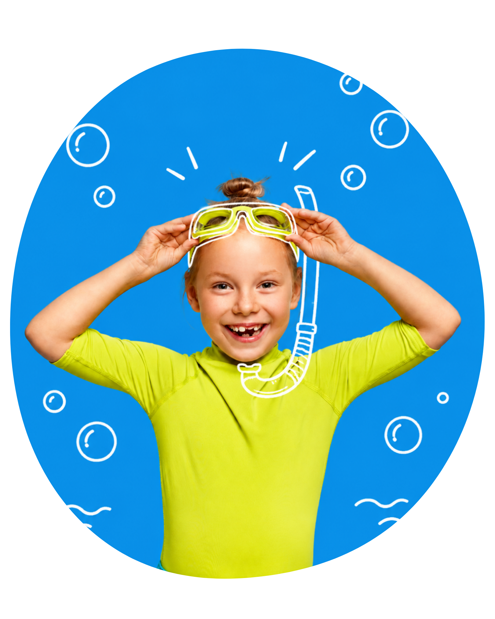 Child wearing swim goggles, ready for summer adventures while reading with Epic to help prevent the summer slide.