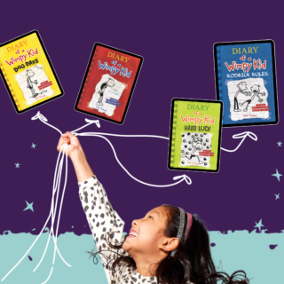 Child reaching toward floating Diary of a Wimpy Kid books on Epic, including Dog Days, Rodrick Rules, Hard Luck, and the original Diary of a Wimpy Kid.
