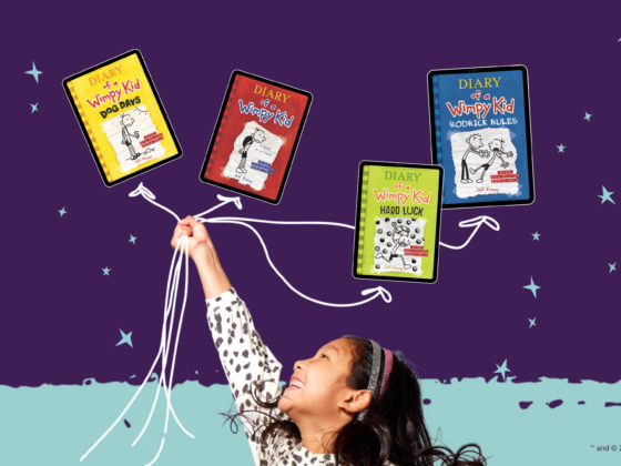 Child reaching toward floating Diary of a Wimpy Kid books on Epic, including Dog Days, Rodrick Rules, Hard Luck, and the original Diary of a Wimpy Kid.