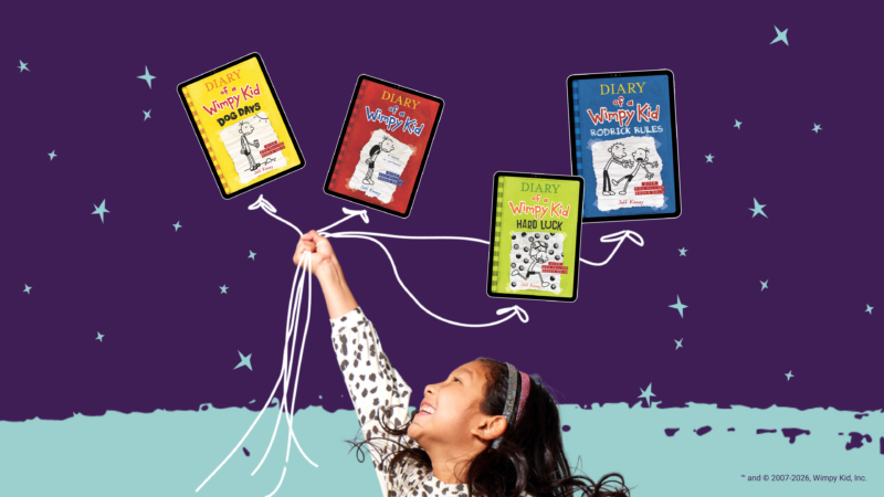 Child reaching toward floating Diary of a Wimpy Kid books on Epic, including Dog Days, Rodrick Rules, Hard Luck, and the original Diary of a Wimpy Kid.