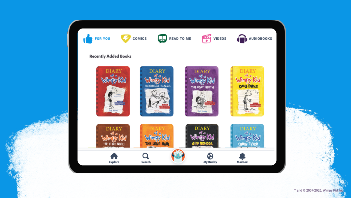 Epic app displaying the first ten Diary of a Wimpy Kid books available to read, including Rodrick Rules, The Ugly Truth, Dog Days, The Third Wheel, The Long Haul, Old School and Cabin Fever.