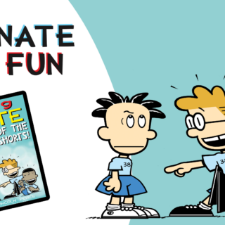 Illustration promoting Epic's exclusive preview of Big Nate: Curse of the Puffy Shorts, featuring Nate, Francis, and Teddy alongside the book cover with a "New Exclusive Look!" badge.