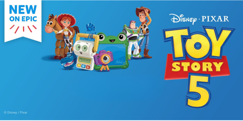 Disney and Pixar Toy Story 5 inspired books now available on Epic featuring Woody, Buzz Lightyear, Jessie, Bullseye, and other Toy Story characters.