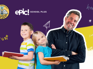 Jeffrey Riley, founder of Reading for Life, with two students holding books, highlighting the Reading for Life and Epic School Plus partnership that builds reading confidence and lifelong reading habits beyond the classroom.