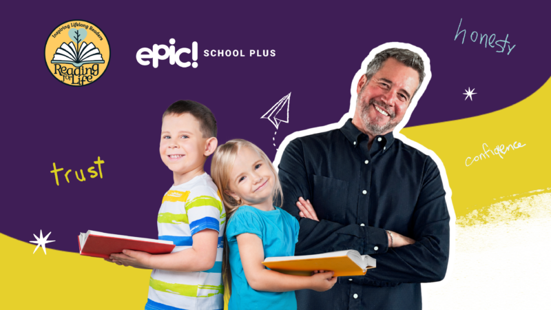 Jeffrey Riley, founder of Reading for Life, with two students holding books, highlighting the Reading for Life and Epic School Plus partnership that builds reading confidence and lifelong reading habits beyond the classroom.
