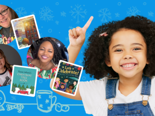 holiday banner with book covers and teachers headshots