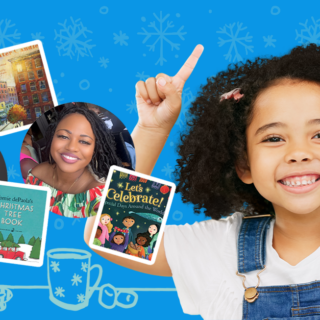holiday banner with book covers and teachers headshots