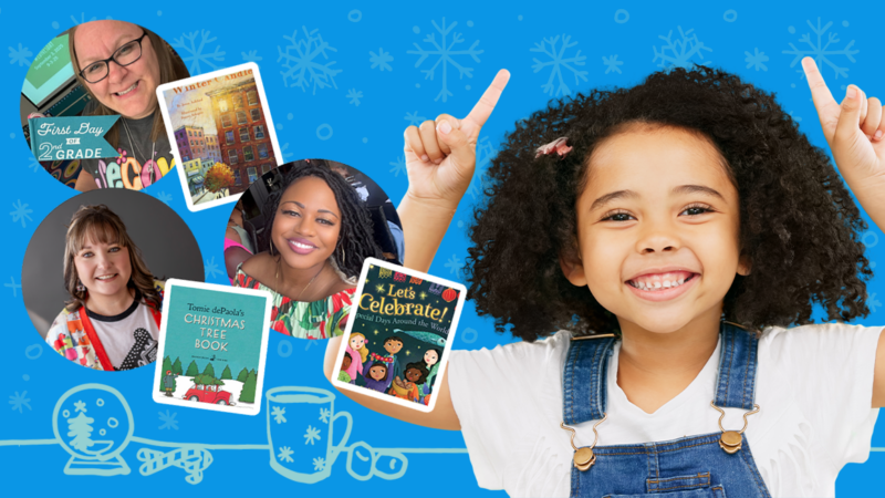 holiday banner with book covers and teachers headshots