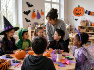 halloween classroom with teacher and kids