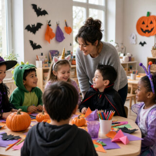 halloween classroom with teacher and kids