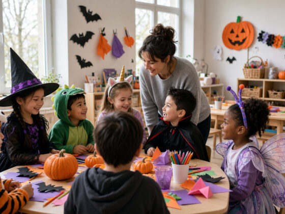 halloween classroom with teacher and kids