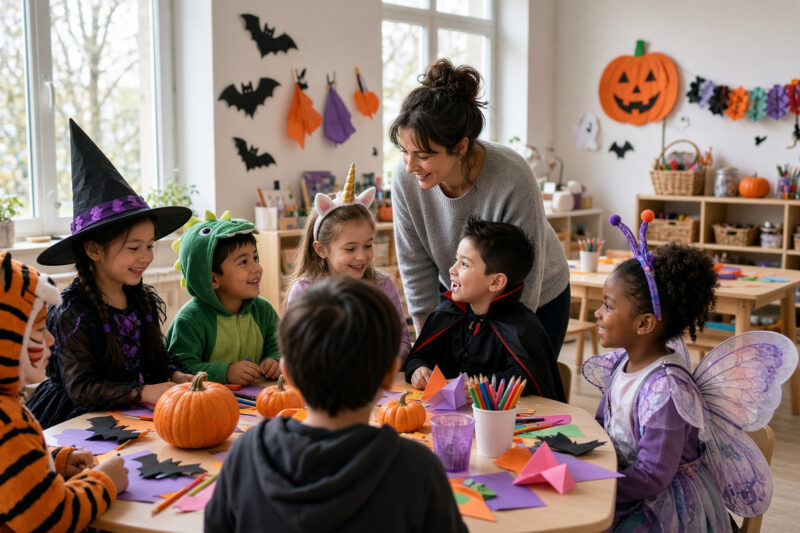 halloween classroom with teacher and kids