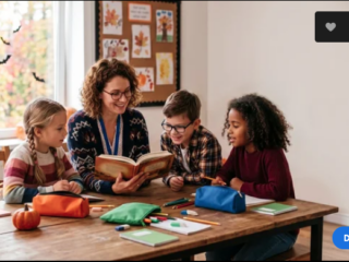 teacher in a classroom reading to kids and it's fall