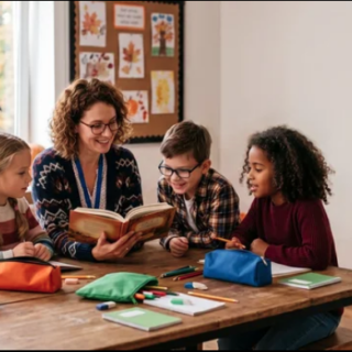 teacher in a classroom reading to kids and it's fall