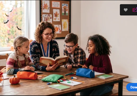teacher in a classroom reading to kids and it's fall