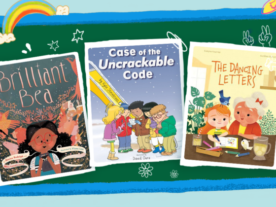 blog header with a blue and green chalkboard that lists three books for dyslexia friendly awareness