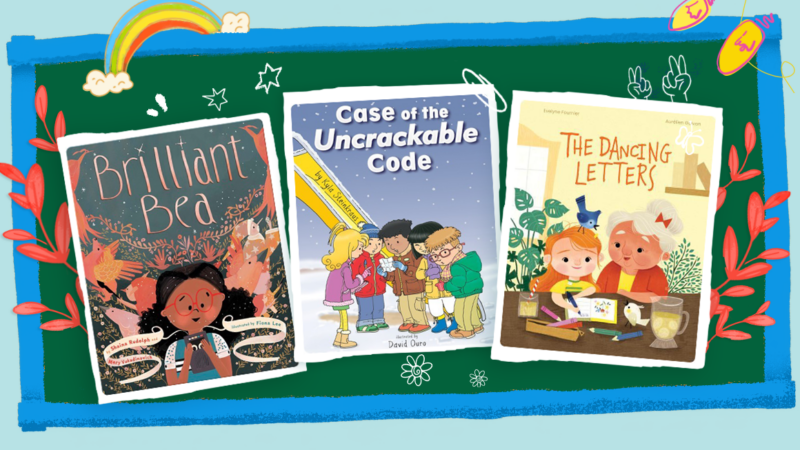 blog header with a blue and green chalkboard that lists three books for dyslexia friendly awareness